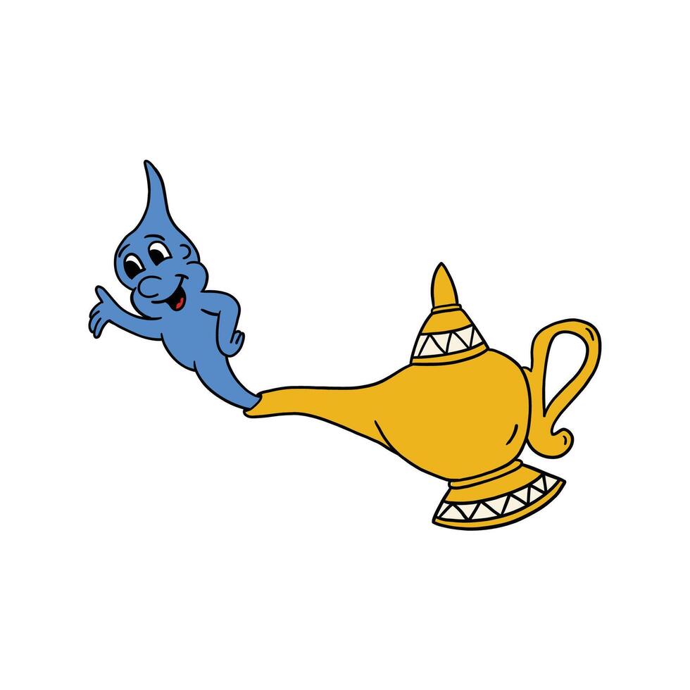 Magic teapot and genie retro cartoon illustration vector