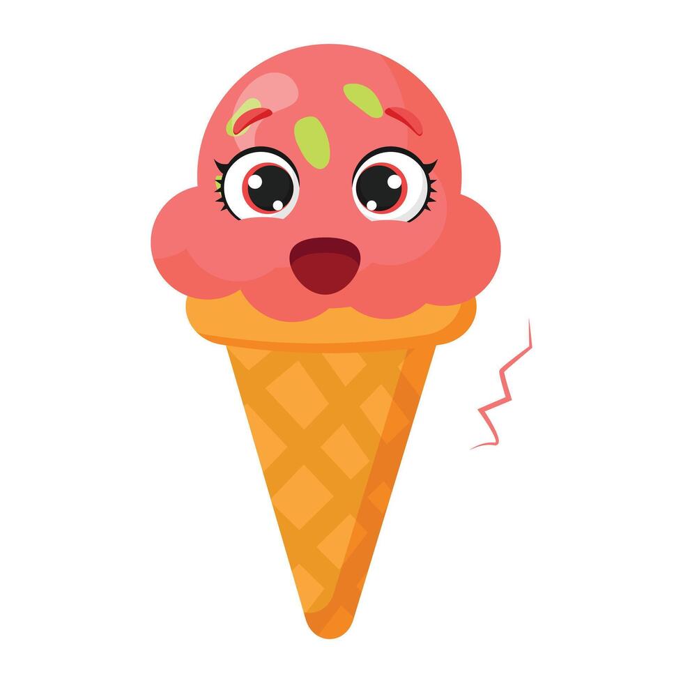 A cute strawberry ice cream cone with a surprised expression on its face is perfect for summer parties, kids designs, dessert branding, greeting cards and candy store promotions. vector