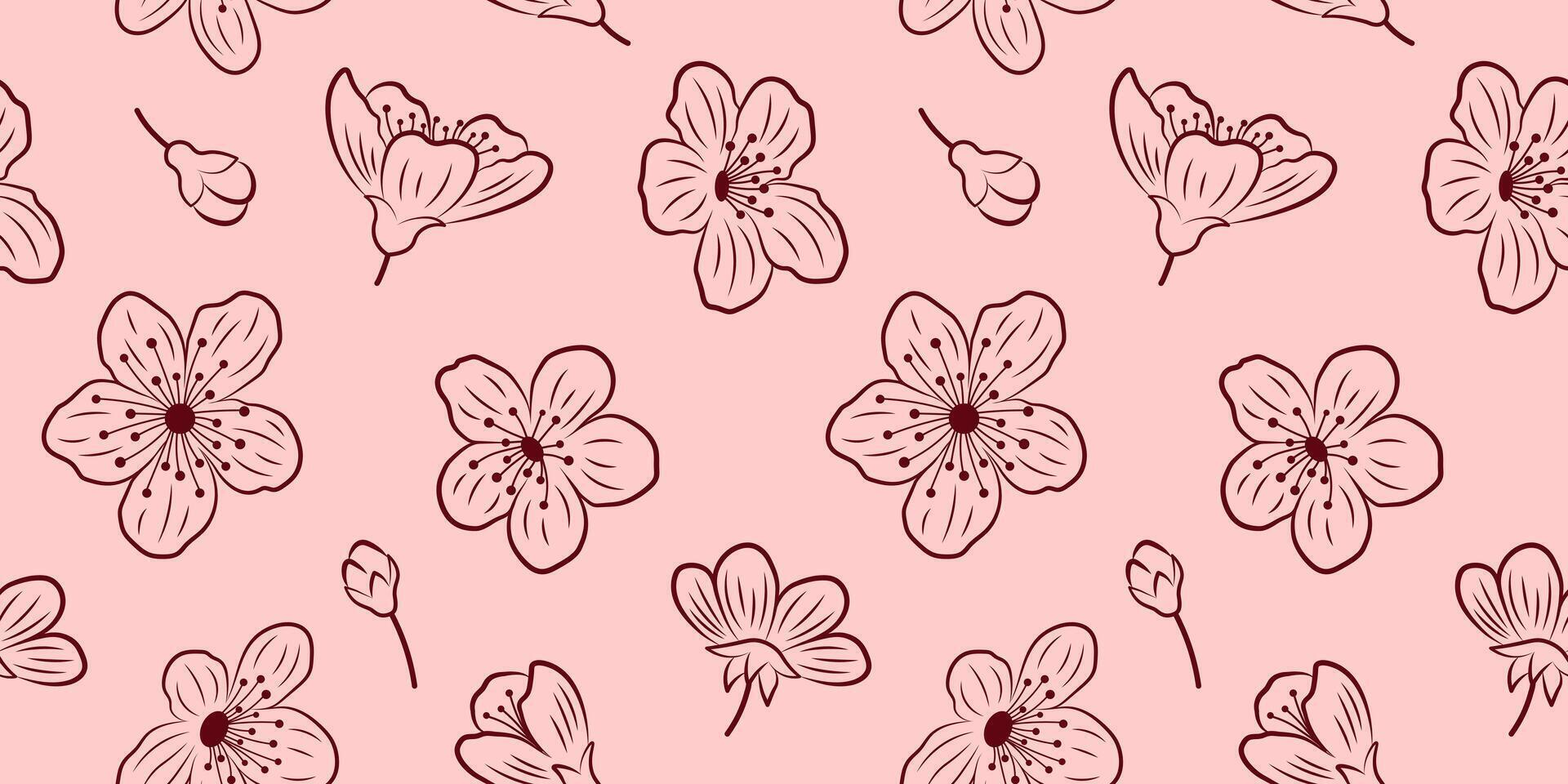 Seamless pattern with burgundy outlines of sakura flowers and buds on a pink background for textile, fabric, wrapping paper. Botanical pattern with cherry blossom. vector