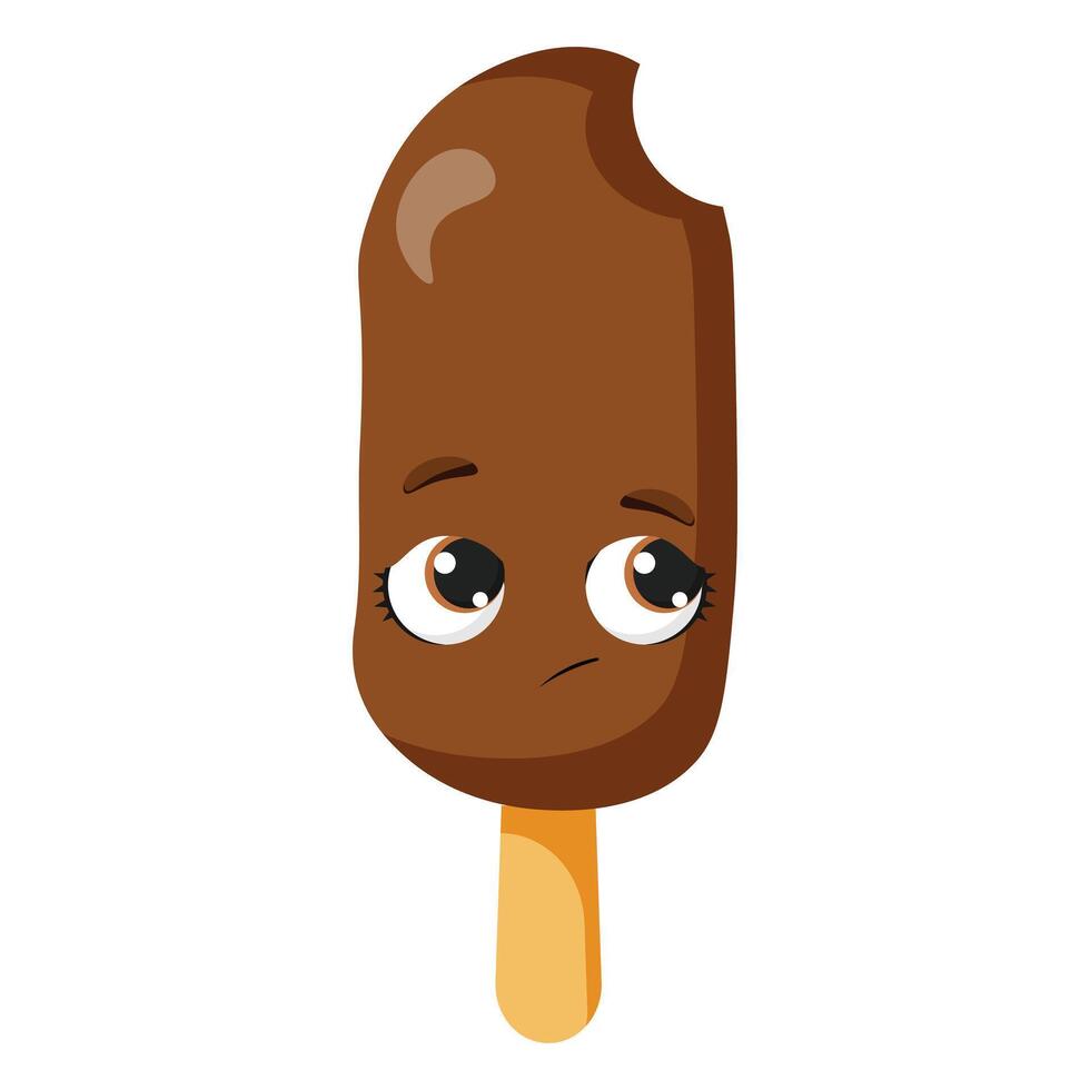 Chocolate ice cream bar with shy facial expression and bite mark, perfect for sweet designs, menu decorations, dessert projects, kids themes, birthday parties, food illustrations vector