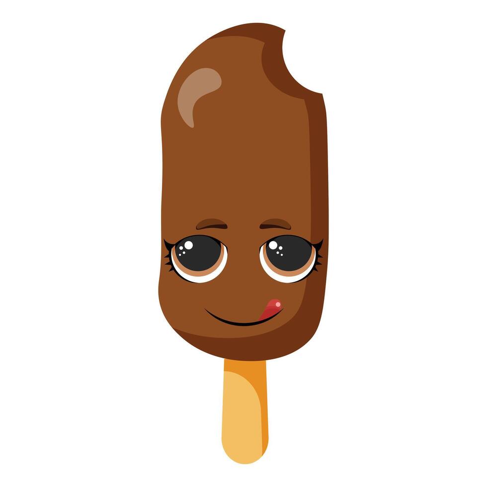 Cute bitten chocolate ice cream with smiling face and big eyes isolated on white background for summer designs, kids products, packaging, patterns, party decorations vector