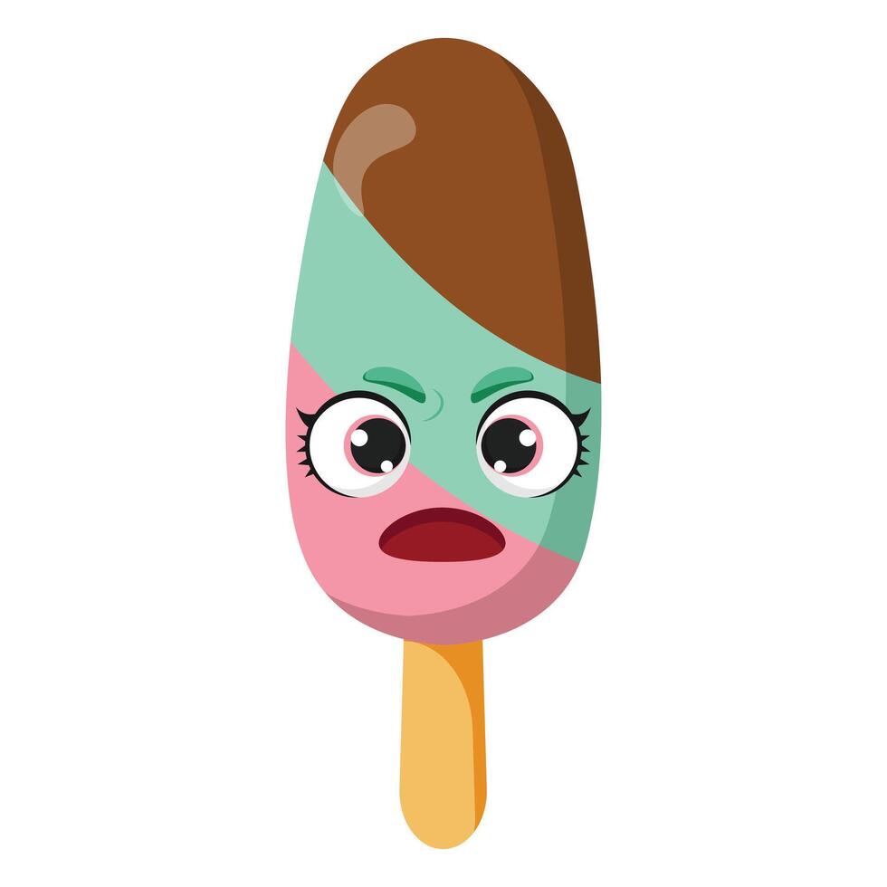 Angry tricolor ice cream stick with expressive face in mint, strawberry, and chocolate tones vector