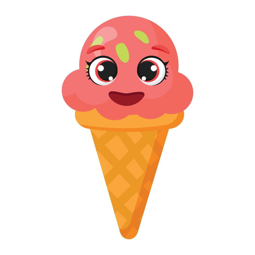 Cheerful strawberry ice cream cone with big eyes and happy expression is perfect for summer designs, birthday invitations, dessert menus, kids party decorations and candy store branding. vector