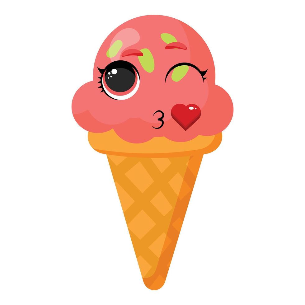 A fun pink ice cream cone with a wink and heart symbol is perfect for romantic designs, summer menus, party invitations, cute decorations and creative dessert-themed projects. vector