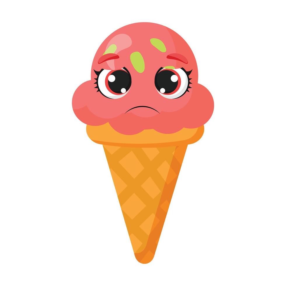 Sad strawberry ice cream cone with a sad expression is perfect for dessert-themed designs, emotional characters, greeting cards and summer food ads vector