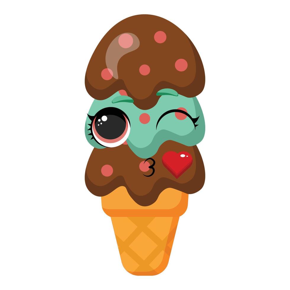 Winking mint chocolate ice cream cone blowing a kiss with heart vector