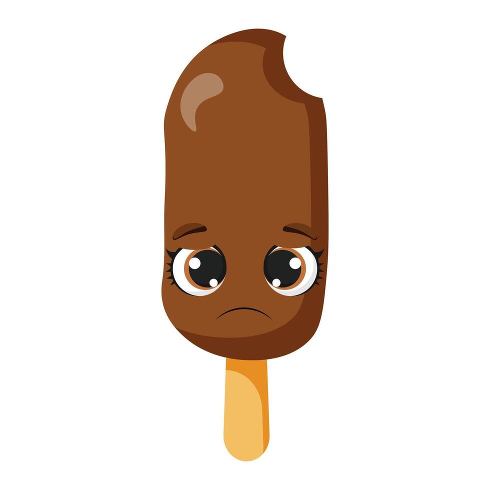 Chocolate ice cream bar with sad facial expression and bite mark, suitable for food designs, kids illustrations, summer party themes, menu decorations, dessert concepts vector