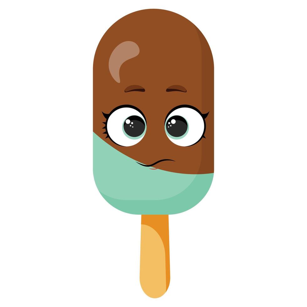 Cute mint chocolate ice cream with big eyes and shy smile vector