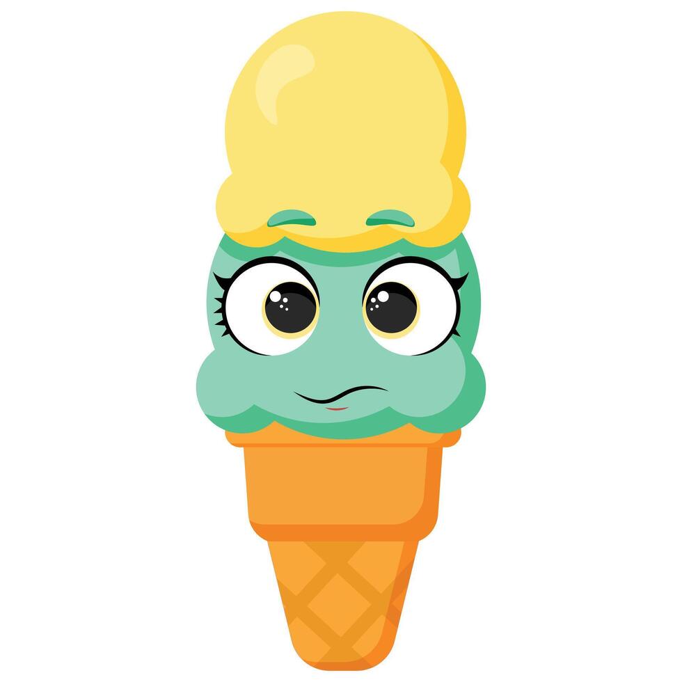 Cute green and yellow ice cream cone with shy face expression vector