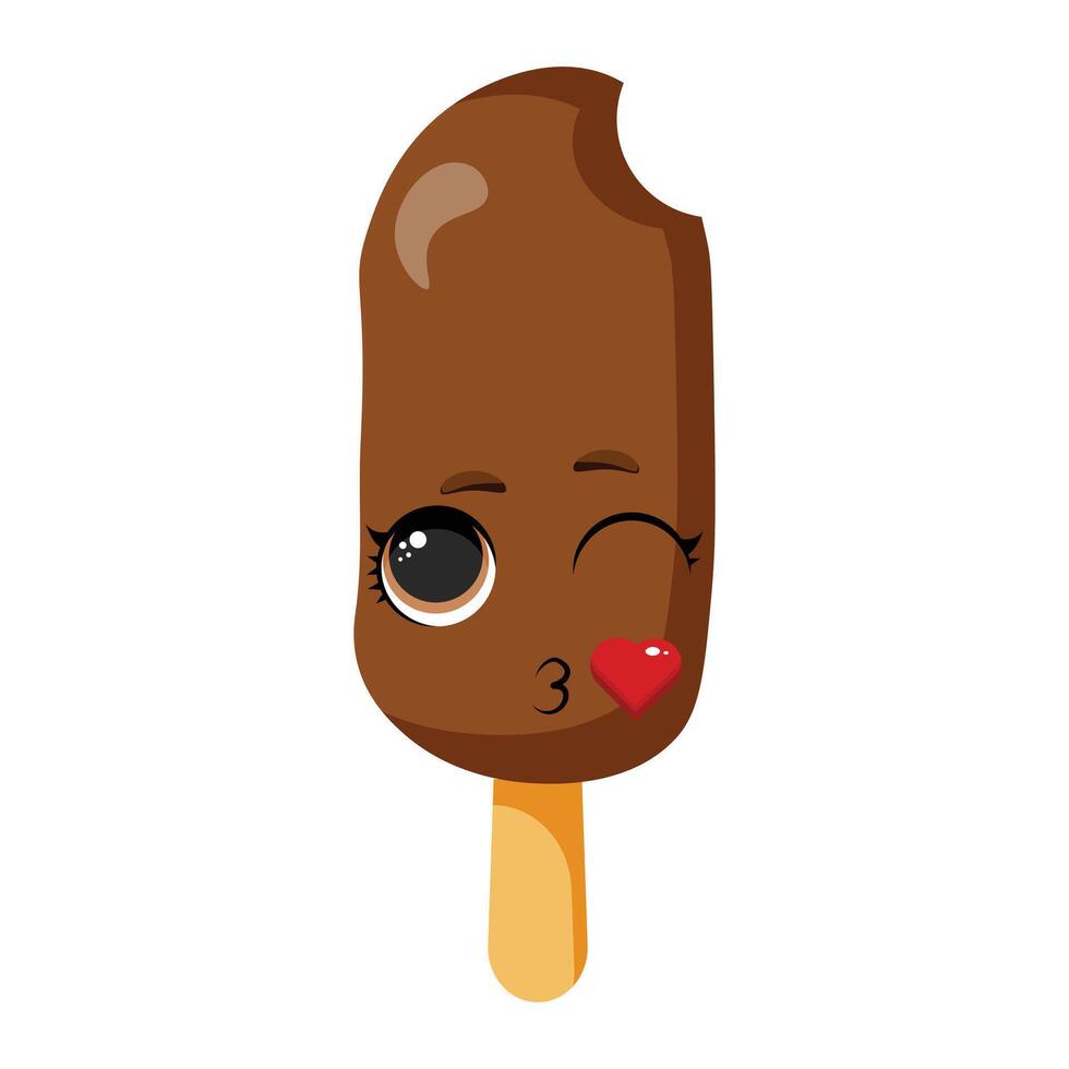 Chocolate ice cream cone with cute winking face and heart symbol perfect for summer, sweets packaging, kids party decorations, desserts menu design, fun and joyful projects vector