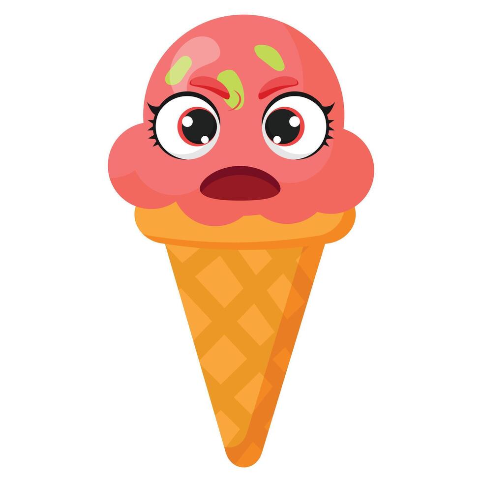 Angry strawberry ice cream cone is perfect for summer themes, emotional designs, playful decorations and food illustrations vector