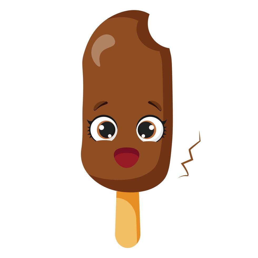 Chocolate ice cream bar with cute surprised face and bite mark, ideal for kids projects, summer themes, packaging, party decorations, menu design and sweet food illustrations vector
