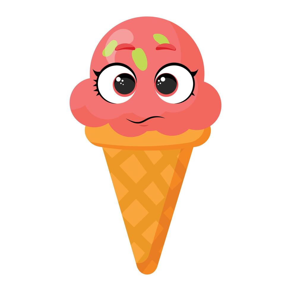Cute pink ice cream cone with happy face and green sprinkles is perfect for summer designs, baby shower invitations, menu decorations, fun posters and dessert-themed projects. vector
