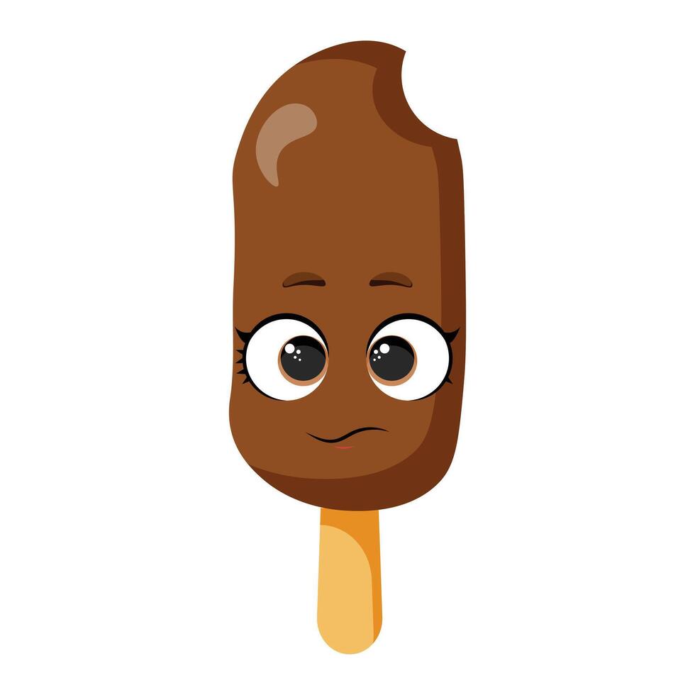 Cute bitten chocolate ice cream with shy smiling face and big eyes isolated on white background perfect for summer designs, packaging, kids decorations, stickers, party invitations vector
