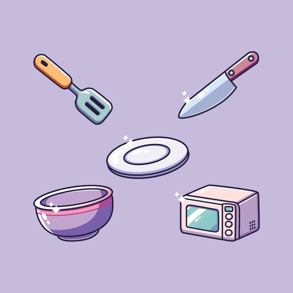 Kitchen tools and utensils icon set over purple background illustration graphic design vector