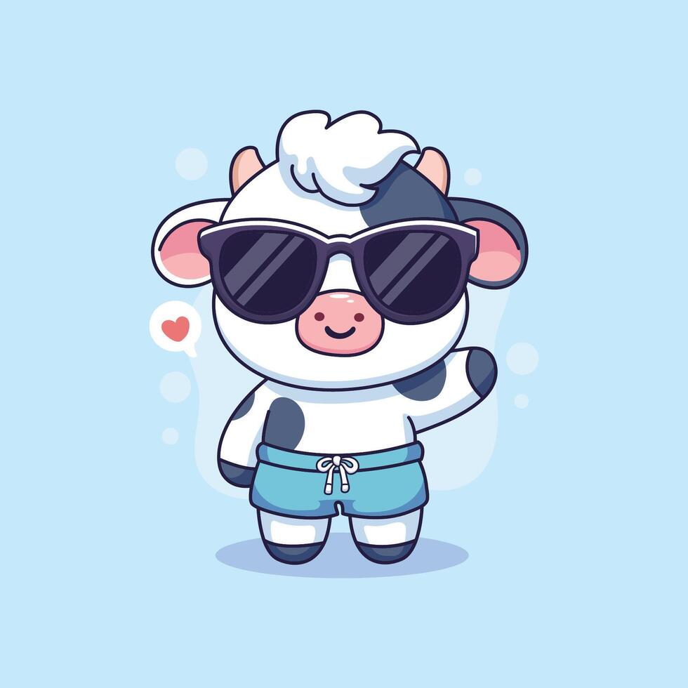 Cute cartoon cow with sunglasses. illustration in a flat style. vector