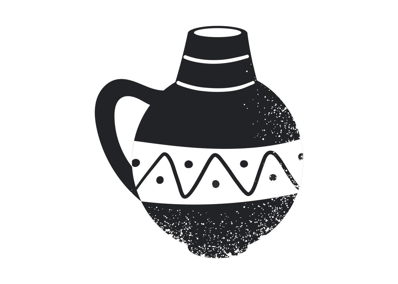 Black and white silhouette of African pot with ethnic dotted and wavy patterns. Grunge textured isolated illustration of traditional ceramic pottery used in ancient cultures. vector