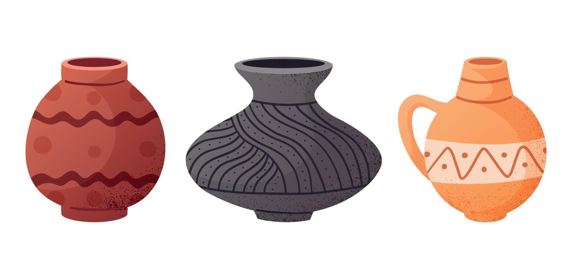 Set of cartoon African Traditional Clay Pots. Hand Drawn Tribal Style Vessels with Ethnic Patterns. Perfect for Cultural Projects, Decoration Themes, Crafts, and History Illustrations vector