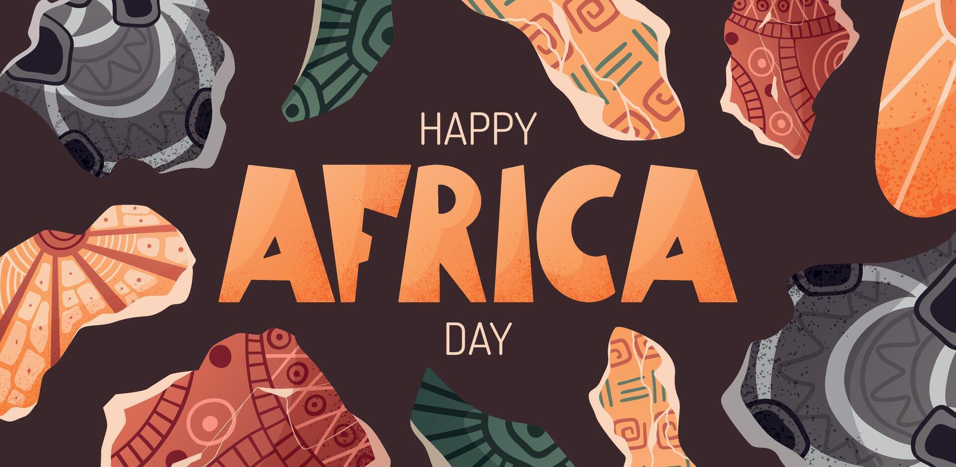 Africa Day Celebration Poster. Colorful Abstract clay Elements and Bold Lettering. Trendy Ethnic Design for Cultural Events, History Projects, and Holiday Greetings vector
