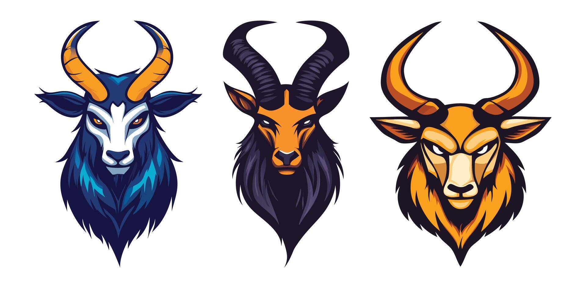 Abstract Three stylized goat heads with different horn shapes Icon or Logo Design vector