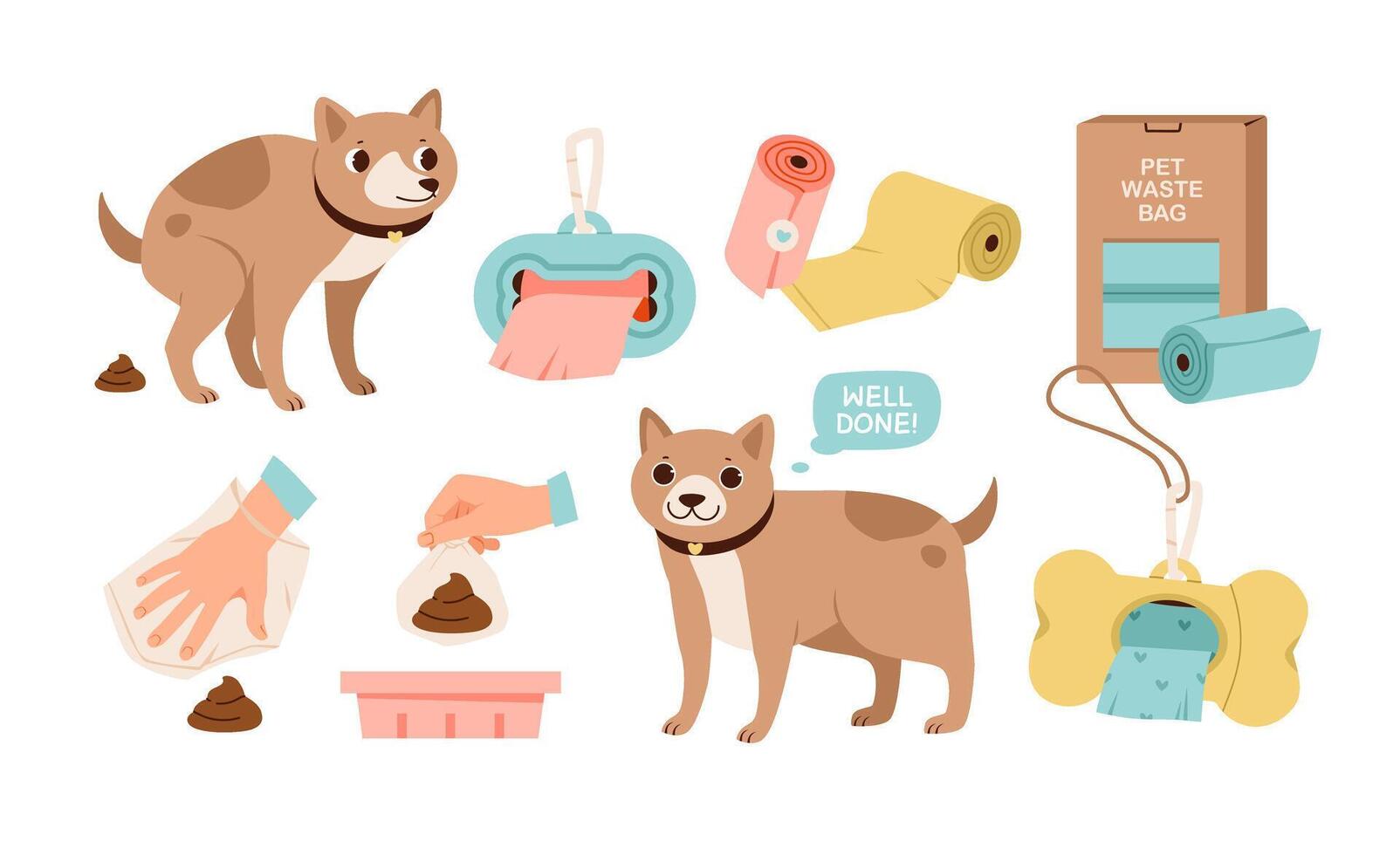 Pet waste bags set. Cleaning up after the dog. Poop bag to clean after a dog during a walk. Flat illustration. vector