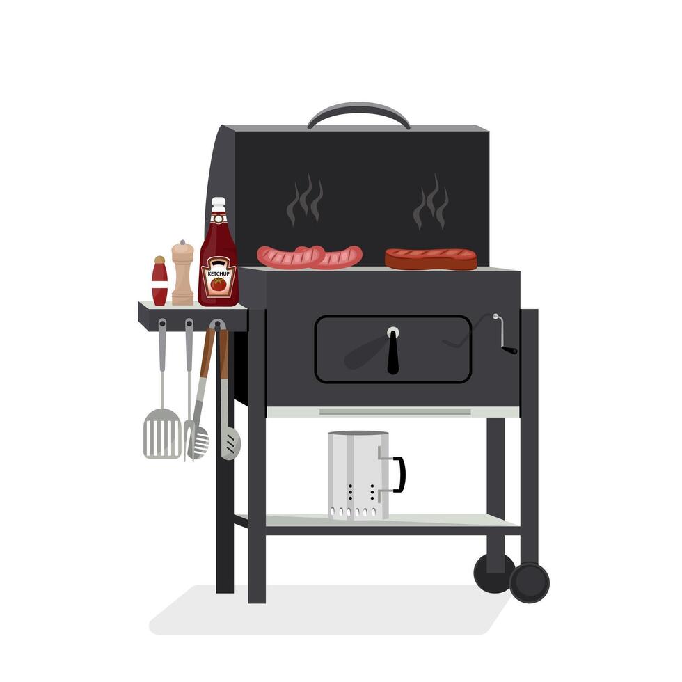 illustration of meat, sauce, grill and other items for a barbecue party in a flat style. Barbecue grill food, barbecue meat, grill steak vector