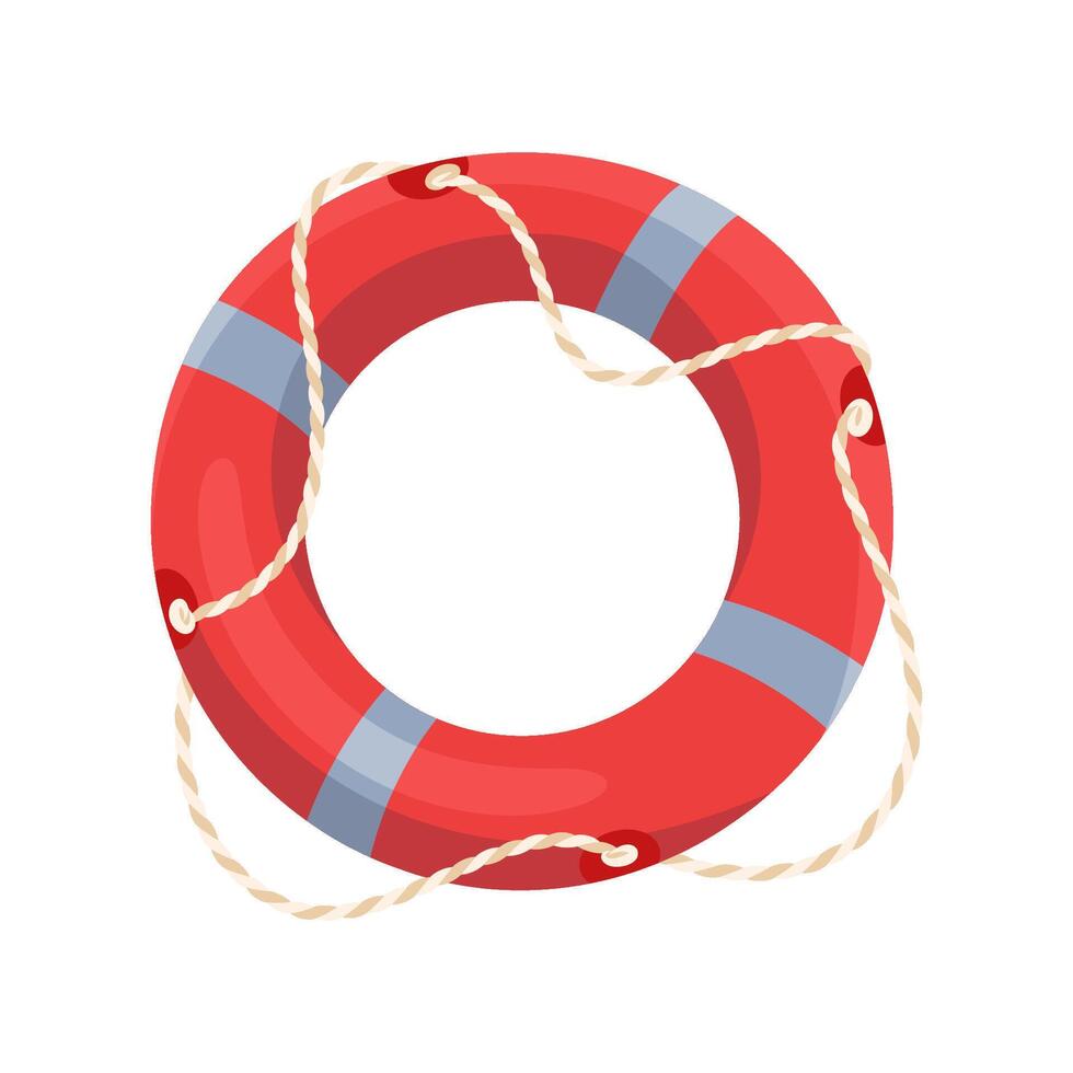 illustration of red lifebuoy with stripes and rope isolated on white background. Classic marine symbol rescue float belt. Safety preserver. Perfect for maritime designs, sea security concepts vector