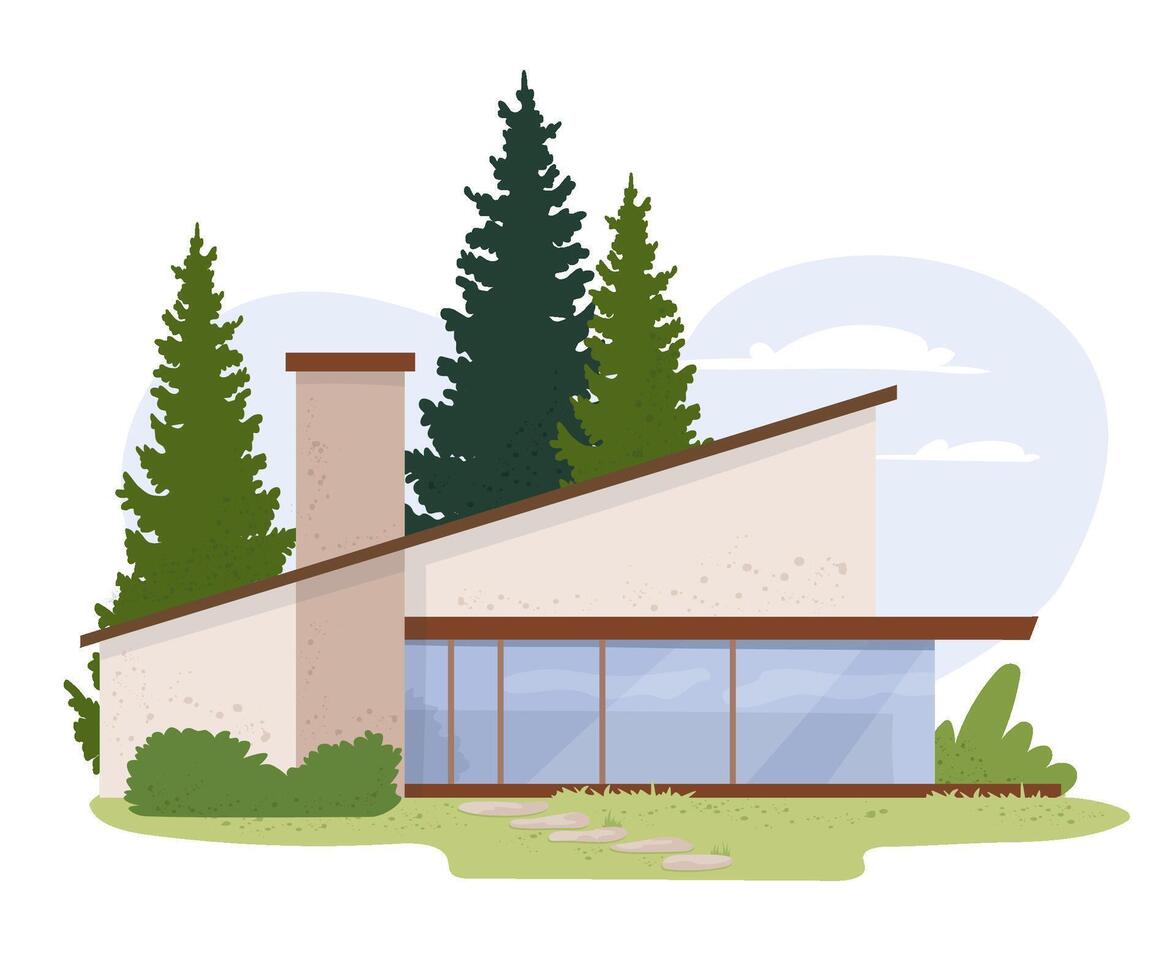 Modern glamping house with panoramic windows and wooden facade surrounded by fir trees. Stylish modular eco-home in forest Comfortable outdoor recreation concept. Flat illustration isolated vector