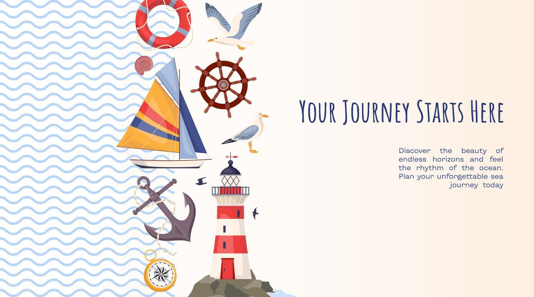 banner template of lighthouse, sailboat, anchor, ship wheel, lifebuoy and seagulls Marine background, nautical concept Perfect for sea travel designs, summer vacation and coastal illustrations vector