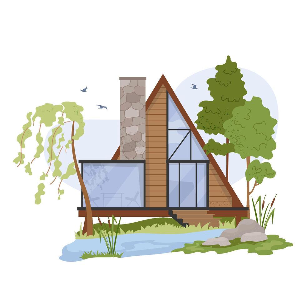 Wood triangle house for ecotourism in forest Modern A-frame glamping cabin with panoramic window surrounded by trees Stylish modular eco-home Comfortable outdoor recreation concept illustration vector