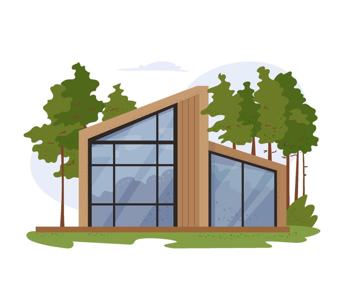 illustration of modern glamping house with panoramic windows, wooden facade and forest background. Luxury comfortable outdoor relaxation. Modular house ideal for eco-tourism, recreation place vector