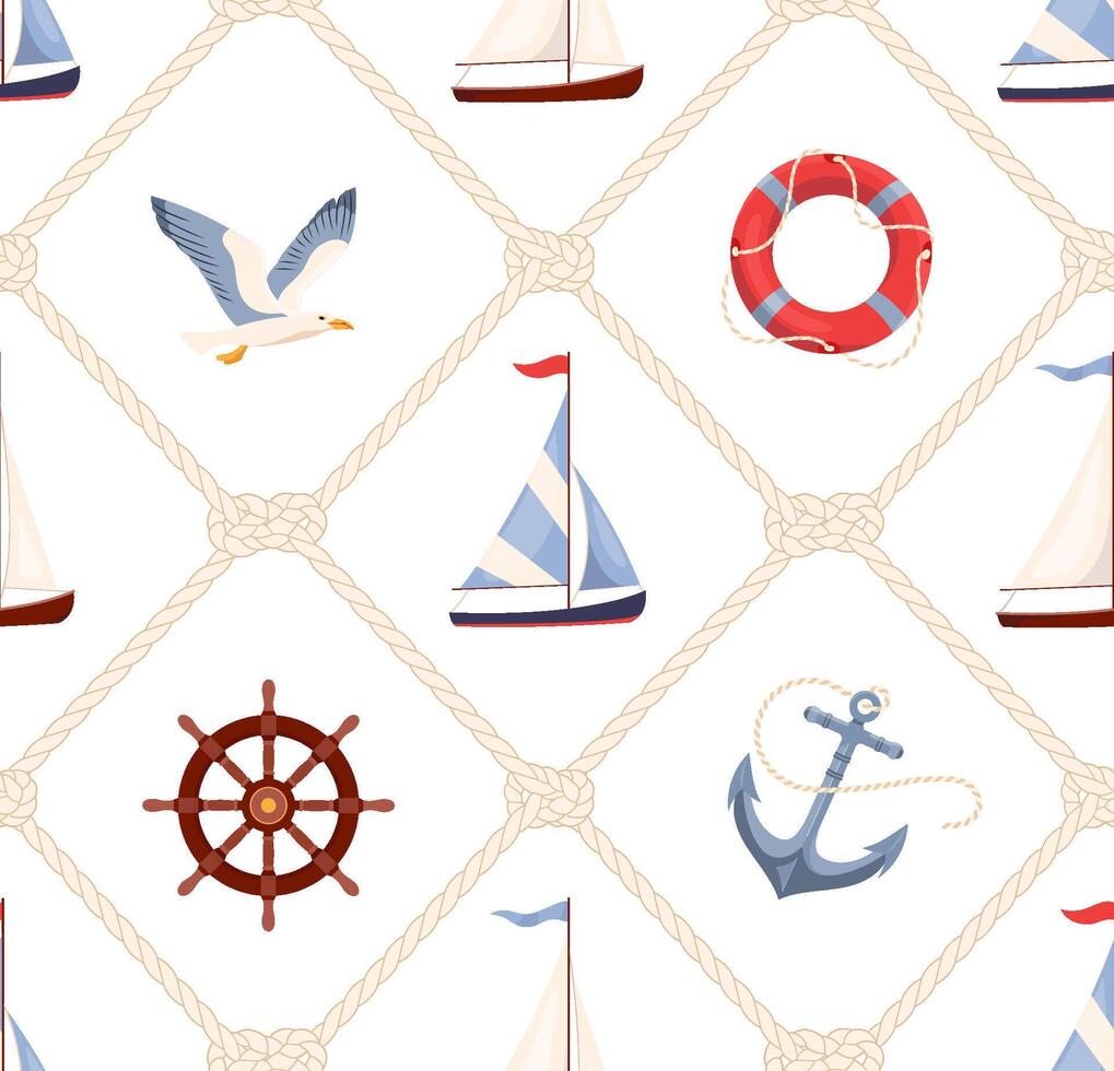 Summer seamless pattern with ropes and sea knots Nautical repeat background with sailboat, anchor and seagull Marine endless design for print, fabric, textile, wrapping paper. Flat illustration vector