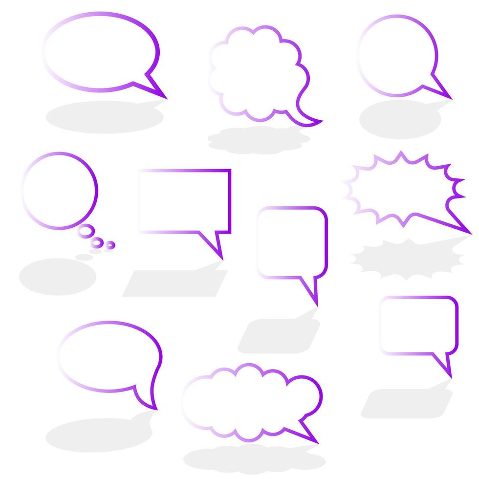Different speech bubbles in gradient. Comic book bubbles. Set of speech bubbles with shadow. vector
