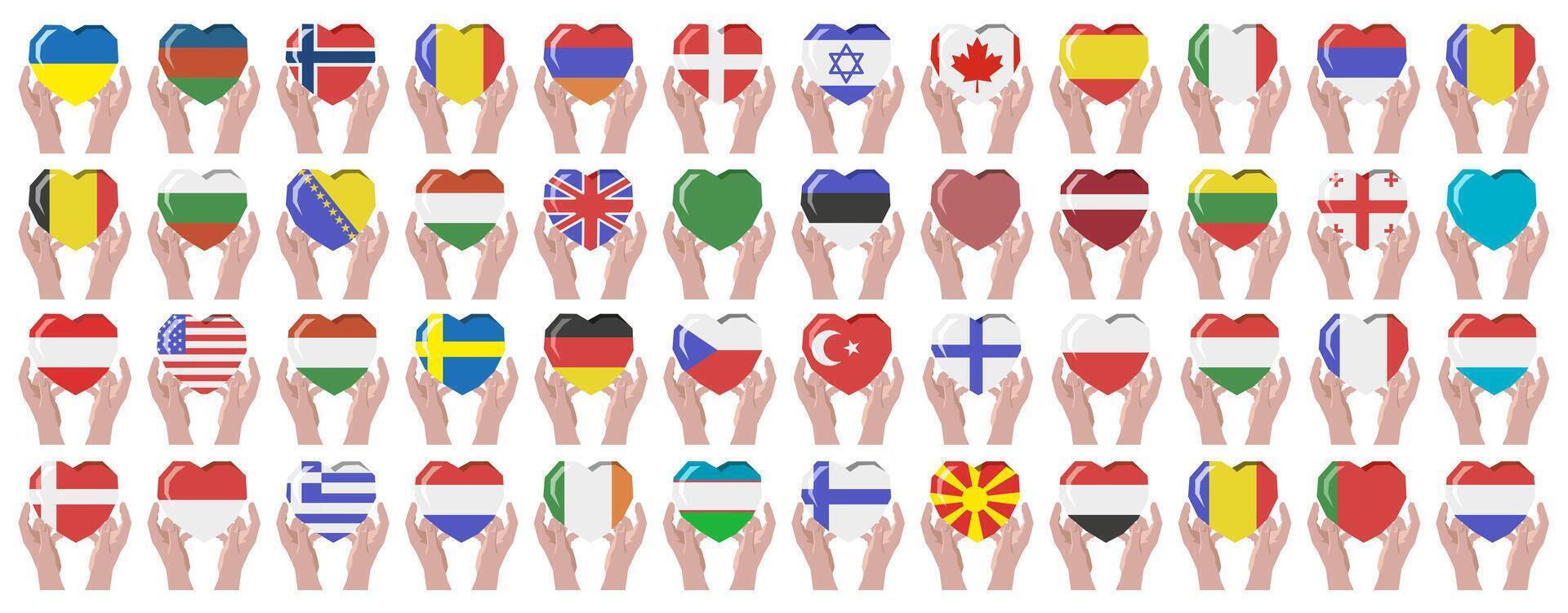 Hands hold the flags of different countries of the world in the heart. 49 state flags. Flags of different countries. vector