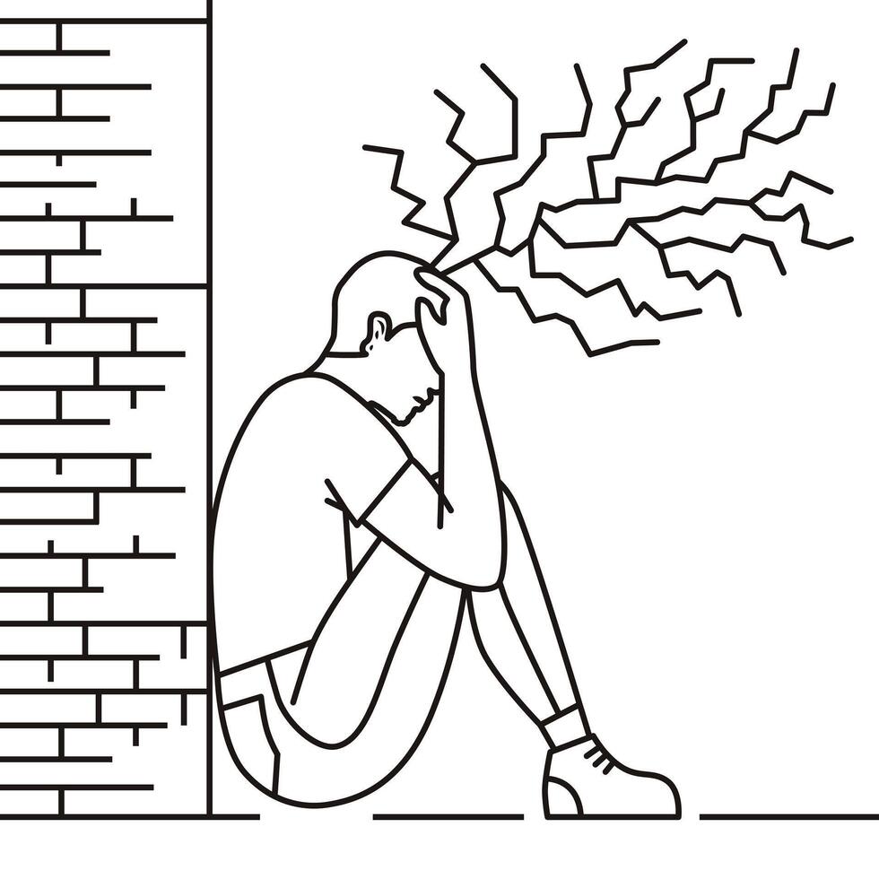Stressful situation. Man with broken life thin line. Male character with broken life. vector