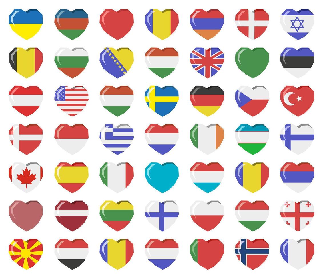 Flags of different countries of the world in the heart. 49 state flags. Flags of different countries. vector