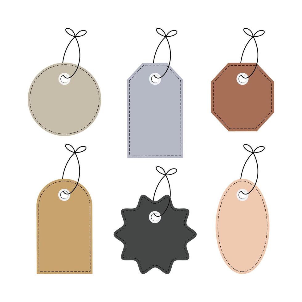 illustration of a set of labels, tags for clothes, price tags made of leather of various shapes. vector