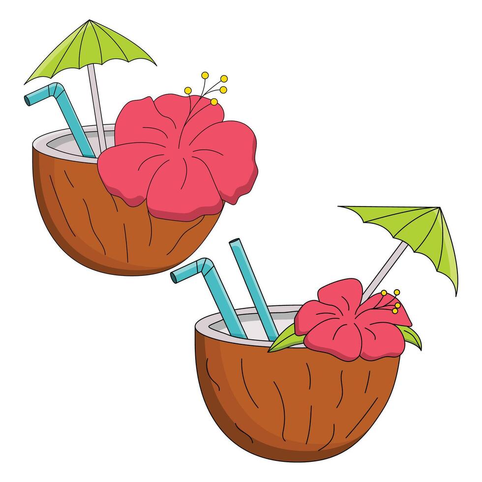 illustration of a set of coconut cocktails with a Hawaiian flower, straw and umbrella on a white background. vector