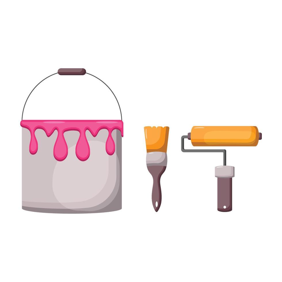 A set consisting of a gray metal jar with pink paint, a paintbrush and a paint roller. Elements of tools for the artist. vector