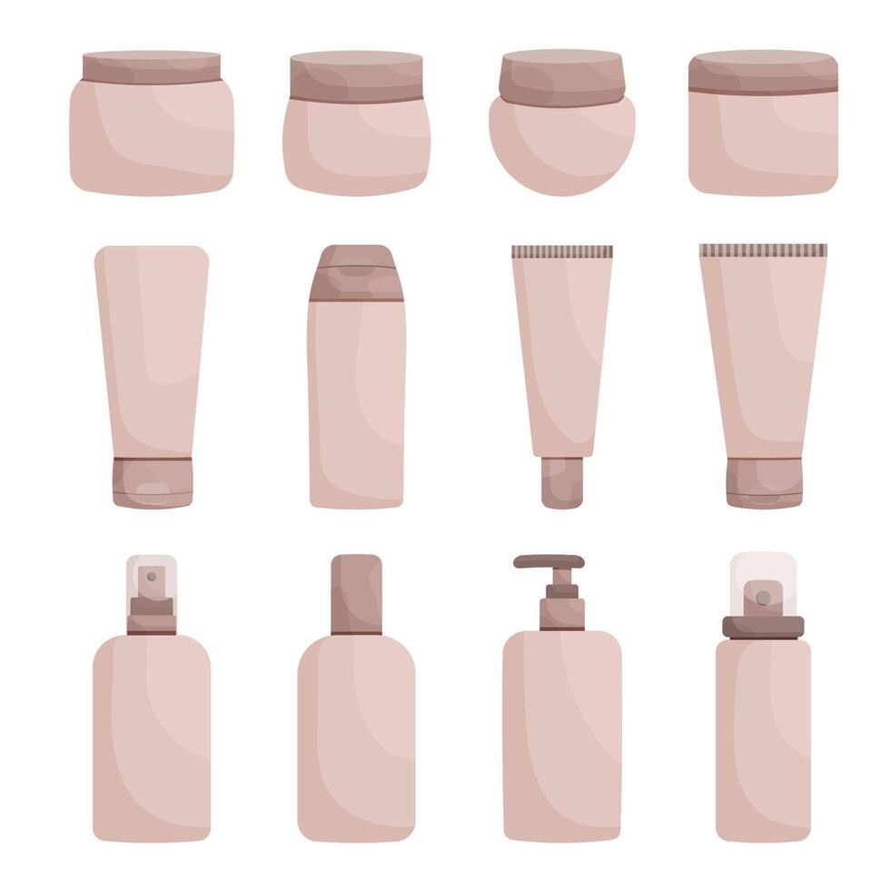 A set of cosmetic package and tubes in nude shades, of various shapes and volumes. Cosmetic Packaging Mockup. vector