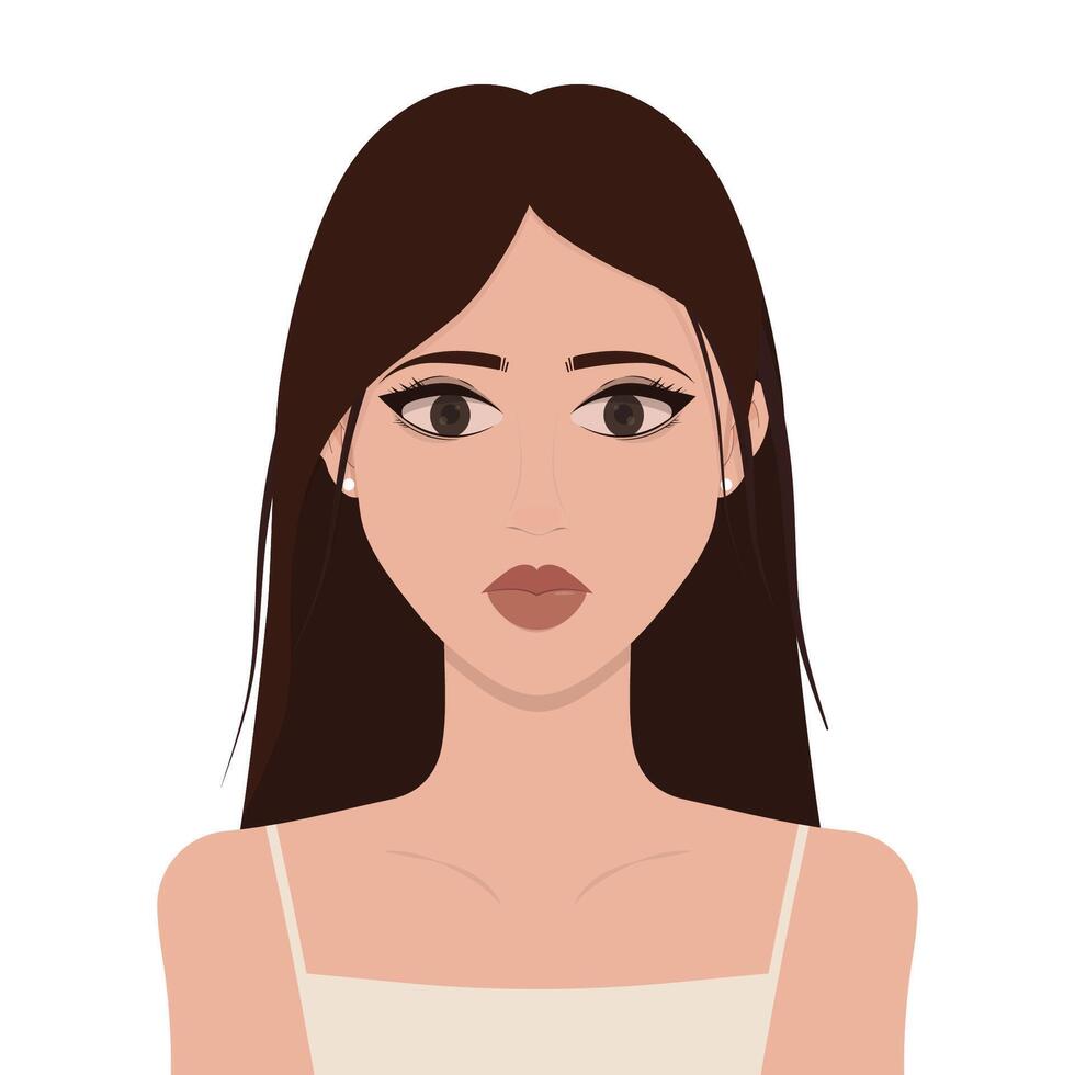 A young woman with long straight dark brown hair and big brown eyes. She has a neutral expression and is wearing a beige sleeveless top and small pearl earrings. vector