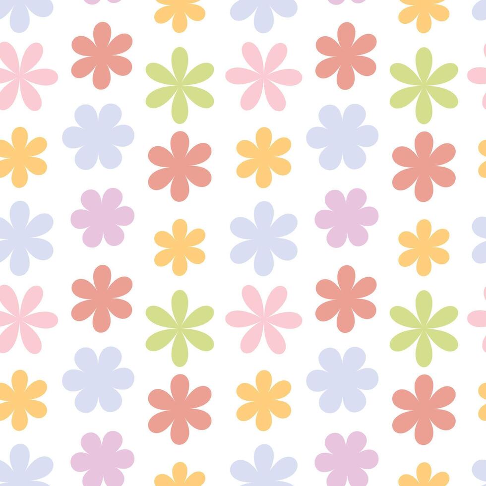 A bright and colorful seamless pattern consisting of a variety of stylized flowers on a white background, the flowers have a simple shape with rounded petals and are available vector