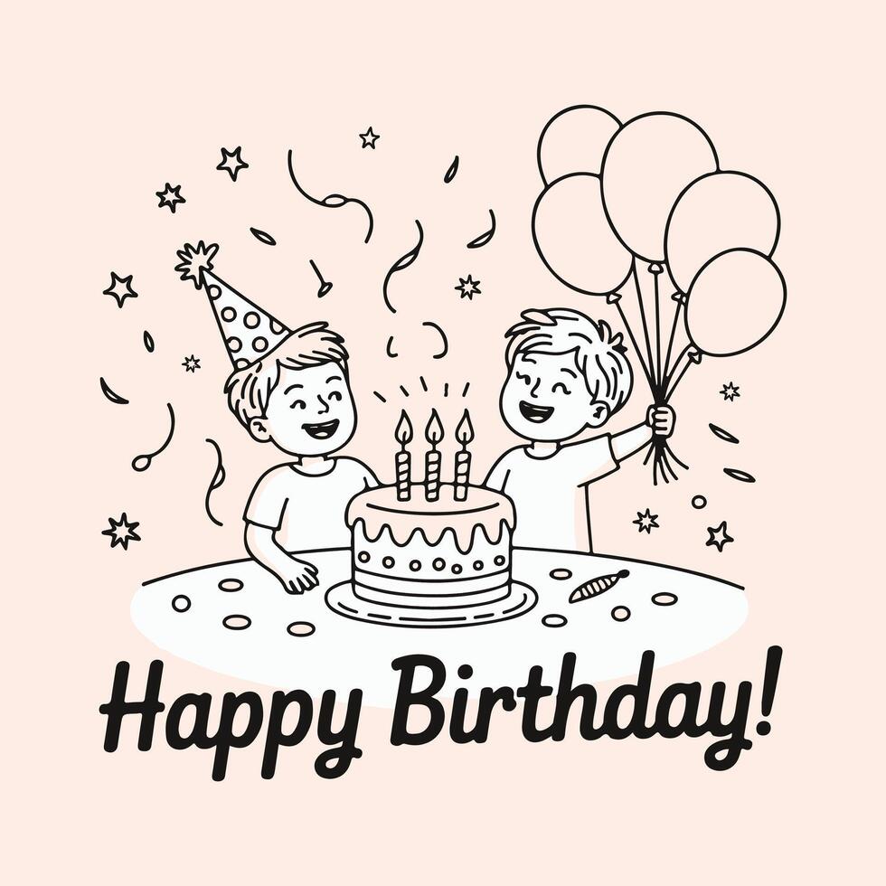 Two happy boys celebrating a birthday with cake and balloons vector