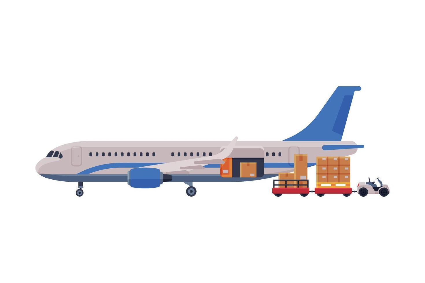 Cargo Jet Airplane, Freight Cargo Transport with Cardboard Boxes and Forklift Flat Style Illustration on White Background vector