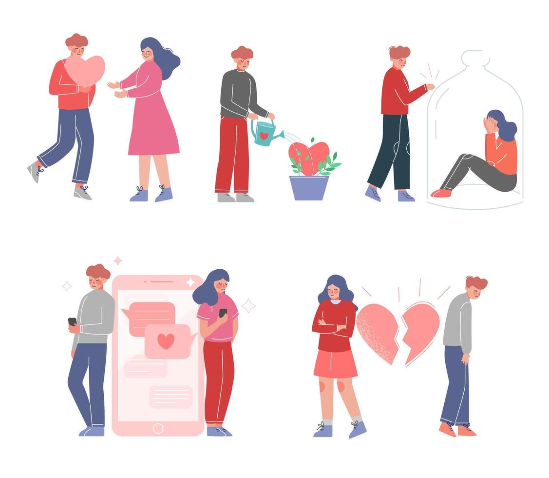 Loving Couples Relationships Set, Online Dating, Unrequited or Rejected Love, Man Trying to Present his Heart to Beloved Illustration vector