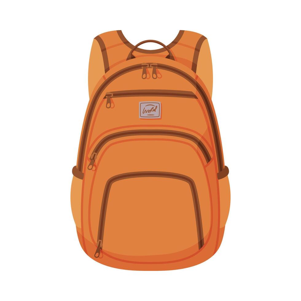 Orange Backpack, Front View of Schoolbag or Camping Rucksack Flat Style Illustration on White Background vector