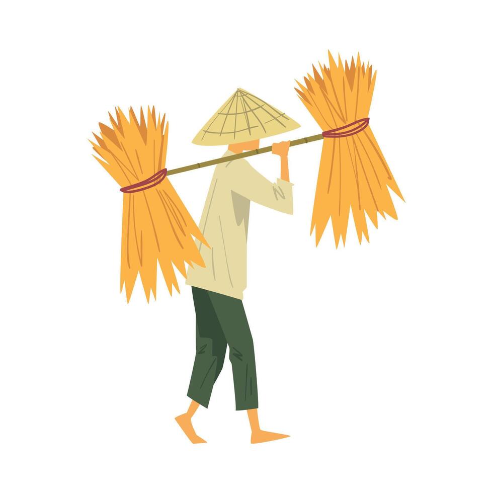 Asian Farmer in Straw Conical Hat Carrying Long Pole with Yields Rice Harvest on his Shoulders Cartoon Style Illustration vector