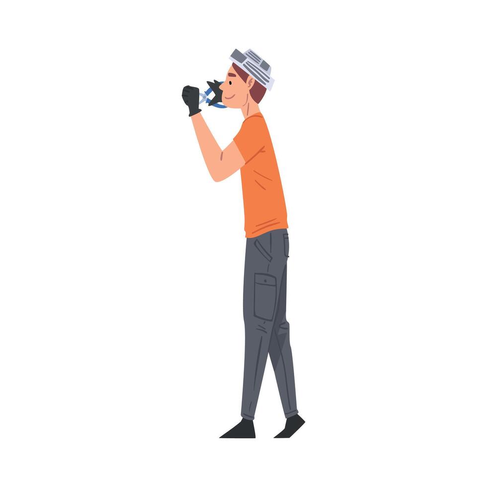 Man Using Pliers, Home Renovation, Male Construction Worker Character with Professional Tool Illustration on White Background vector