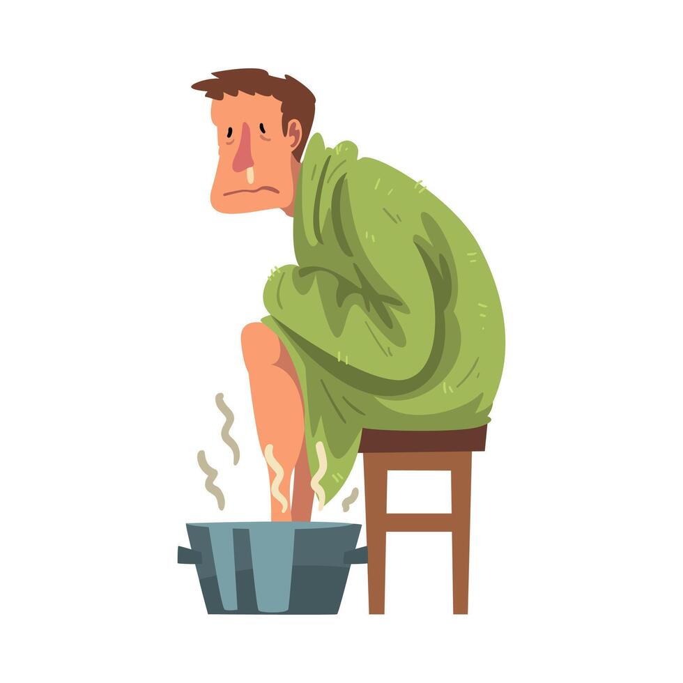 Sick Man with Runny Nose Sitting under Cozy Plaid, Guy Heating his Feet in Basin with Hot Water Cartoon Illustration vector