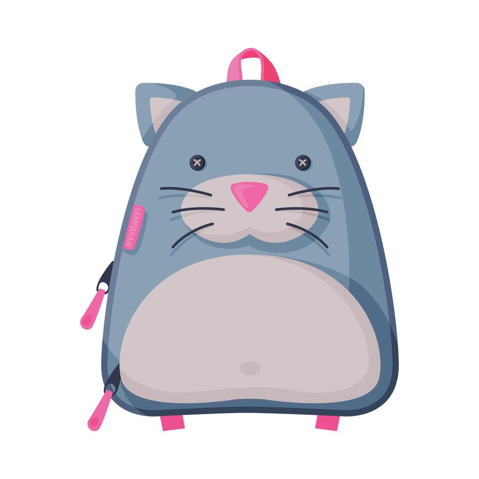 Cat Shaped Childish Backpack, Front View of School Children Rucksack Flat Style Illustration on White Background vector